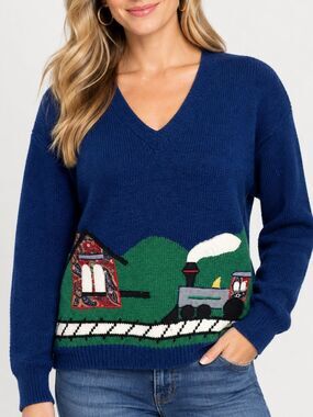 Lucia Women’s Size M Vintage Train Country House Knit Sweater Ramie Cotton